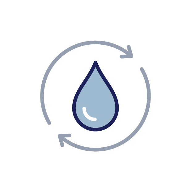illustration of a water droplet with arrows curving around it in a circle.