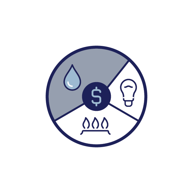 illustration of a dollar currency symbol surrounded by a water drop, a lightbulb and natural gas